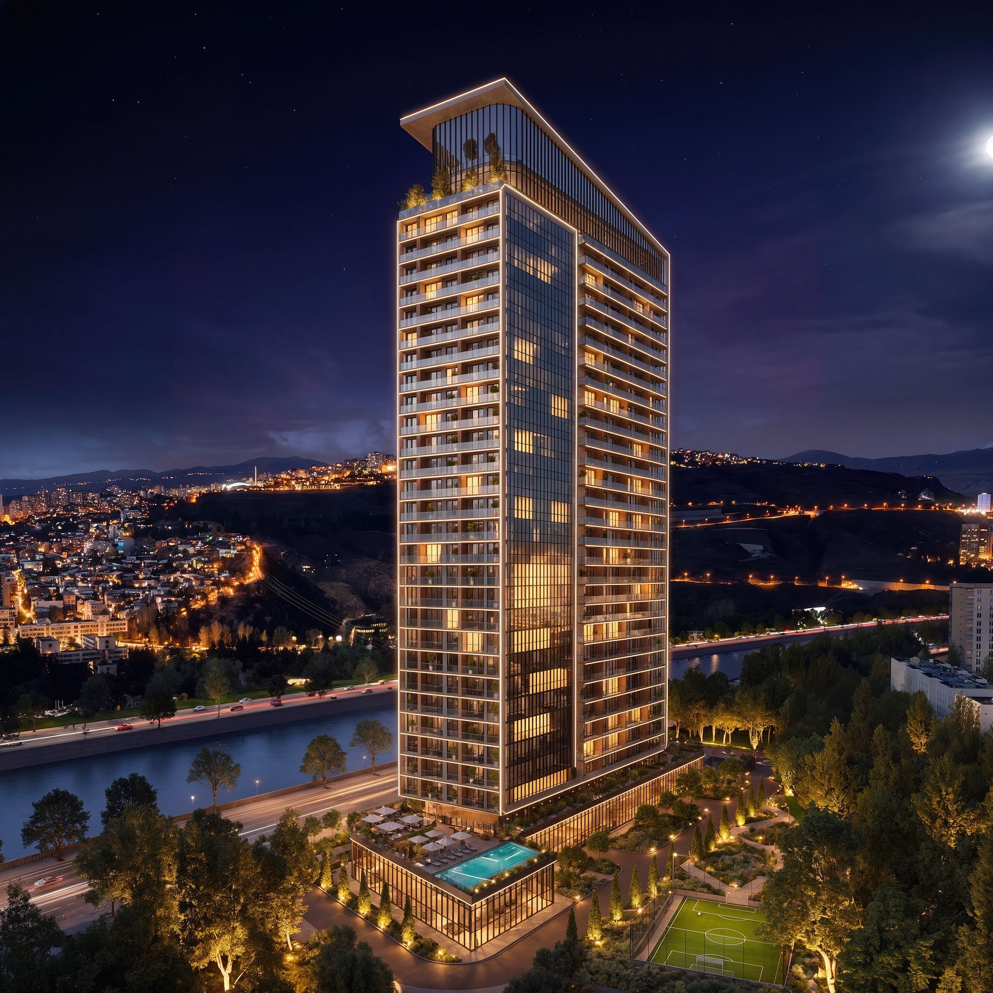 Palladium Riverside — ночной рендер башни на берегу Мтквари