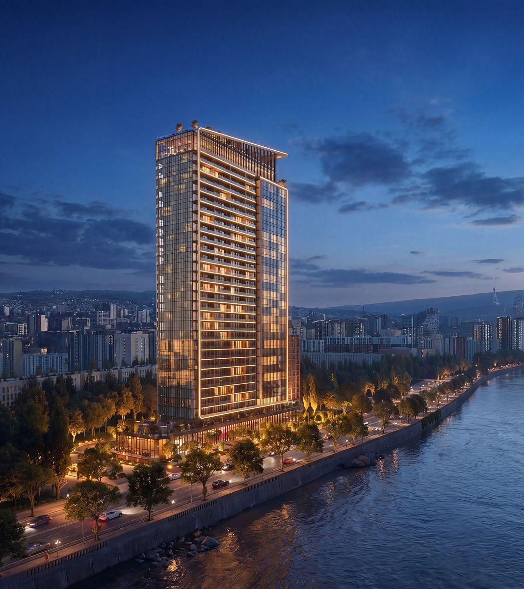 Вертикальный рендер башни Palladium Riverside на набережной Мтквари