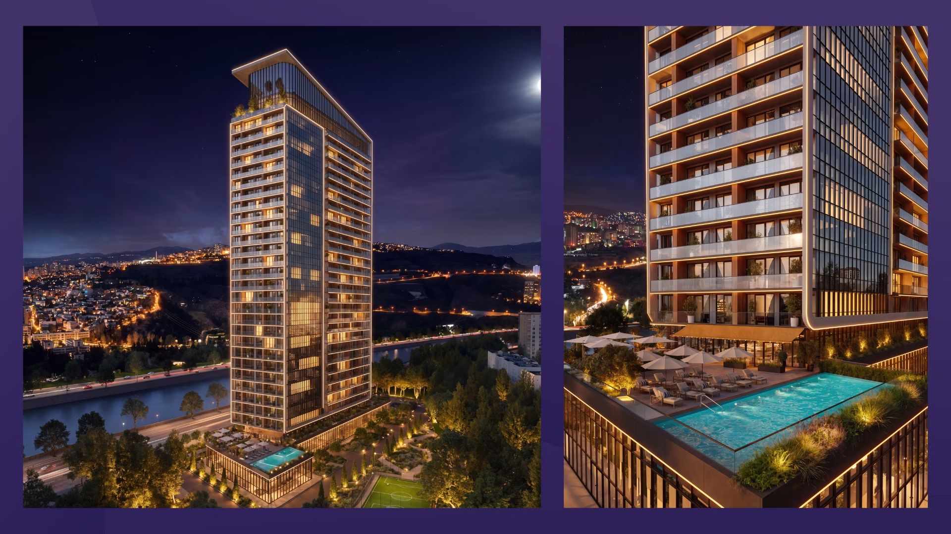 Ночной вид комплекса Palladium Riverside с бассейном